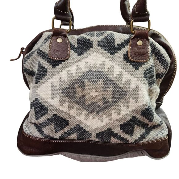 Myra Canvas And Leather Southwestern Shoulder Bag Double Leather Handles - Picture 12 of 12